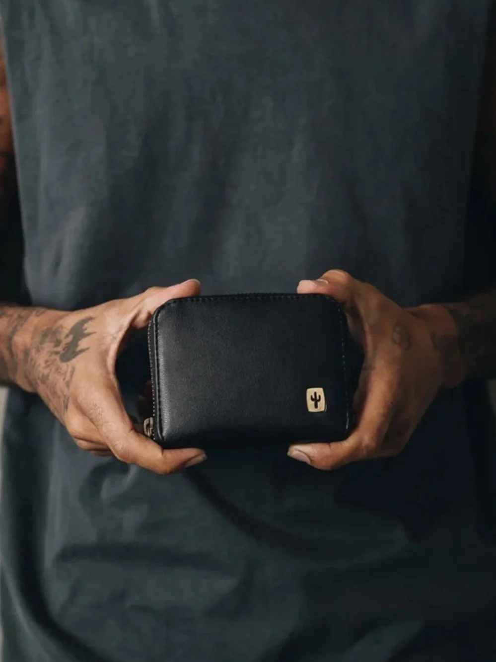Black Vegan Cactus Leather Zip Wallet
